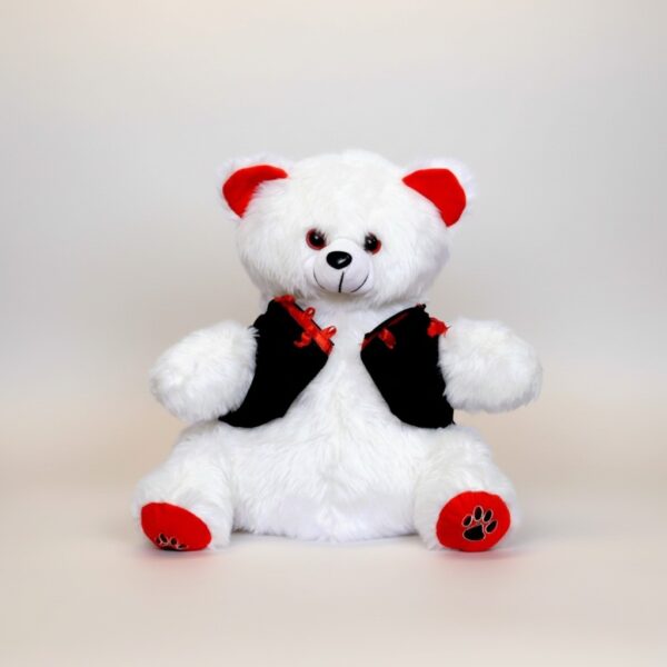 Cute Soft Teddy Bear with Stylish Jacket – Premium Plush Toy Gift (White & Red)